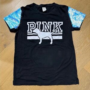 PINK Victoria's Secret Black Tee with Blue Sequin Sleeves